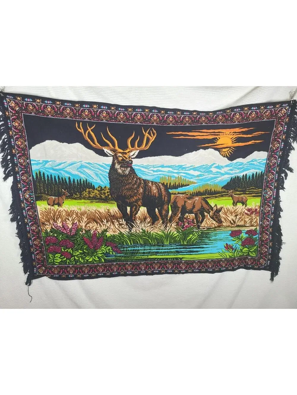 Vtg Velvet Tapestry Nature Deer Buck Scene Cotton Wall Art 39x58” Retro Home Dec